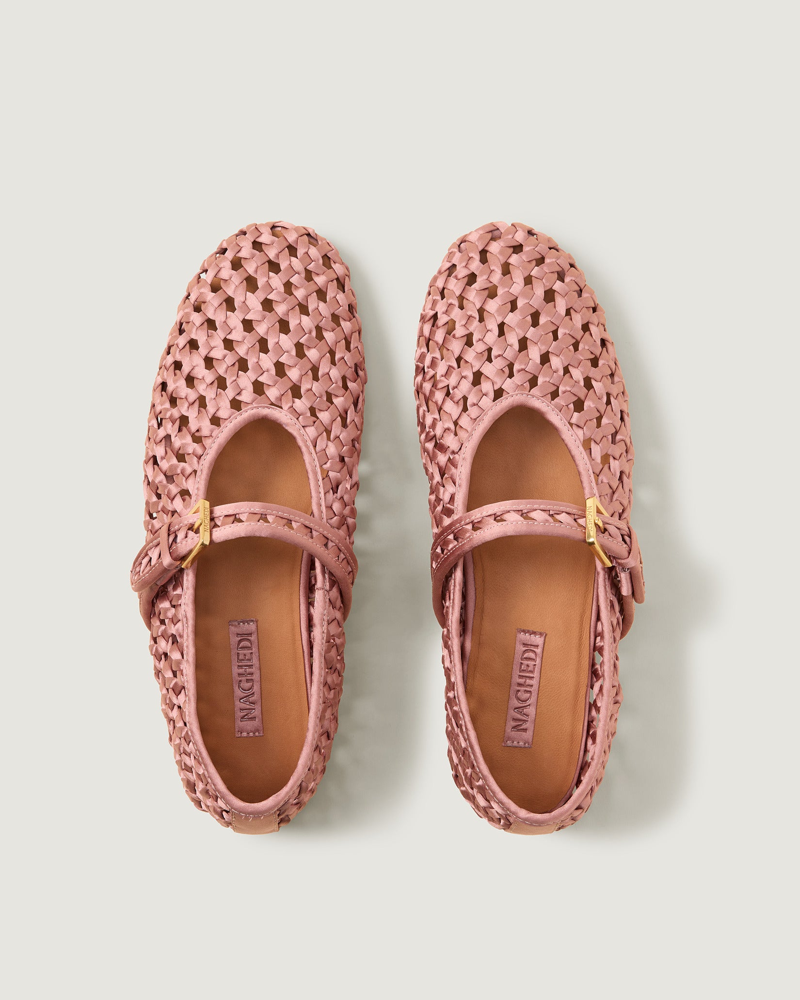 Top view of pair of Sydney Satin Mary Jane Flats in Daphne showing the natural tanned leather insole.