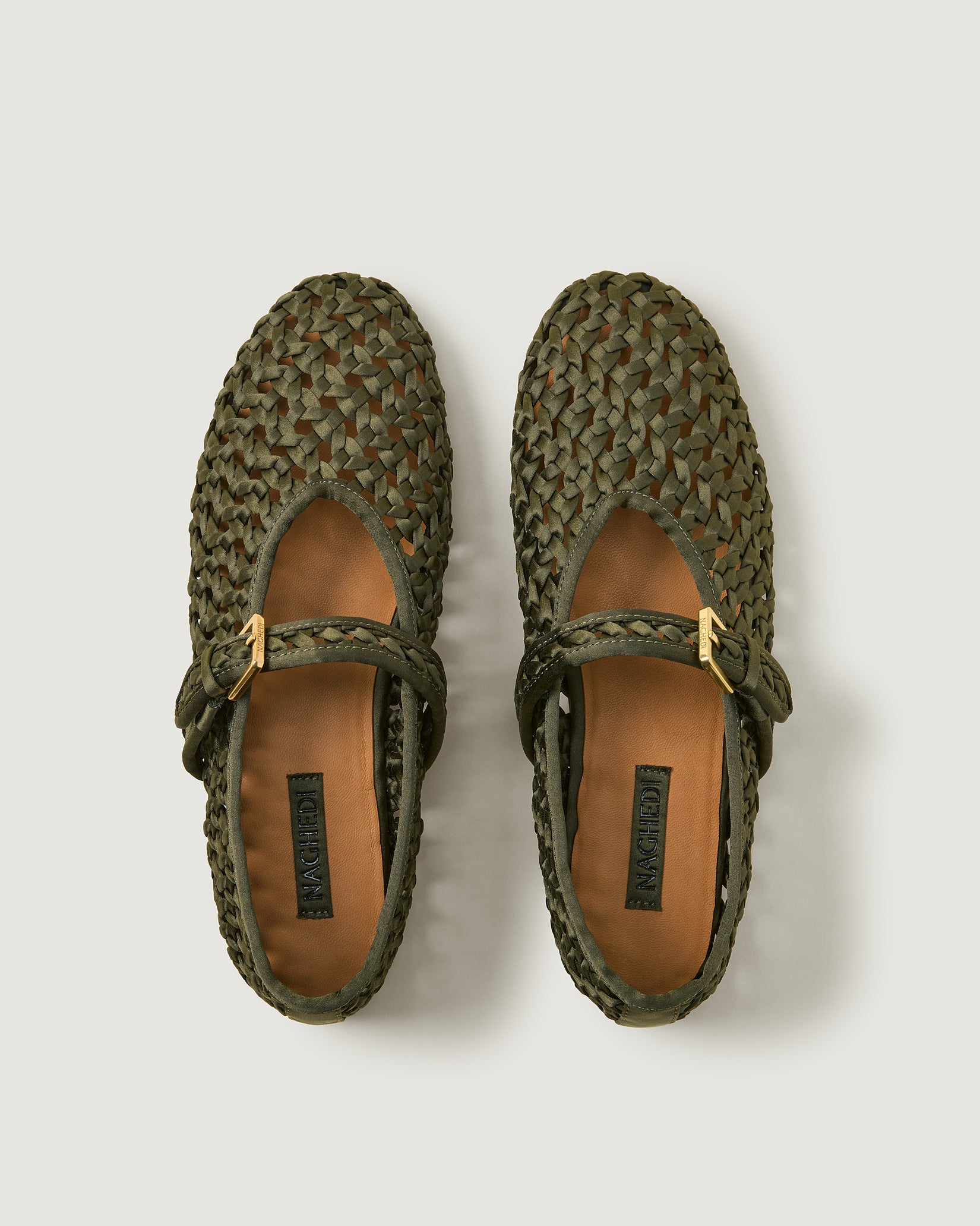 Top view of pair of Sydney Satin Mary Jane Flats in Juniper showing the natural tanned leather insole.