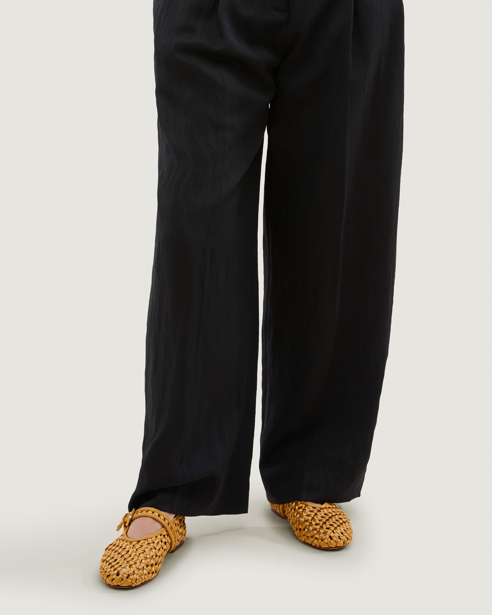Sydney Satin Mary Jane Flats in Ore shown on model.