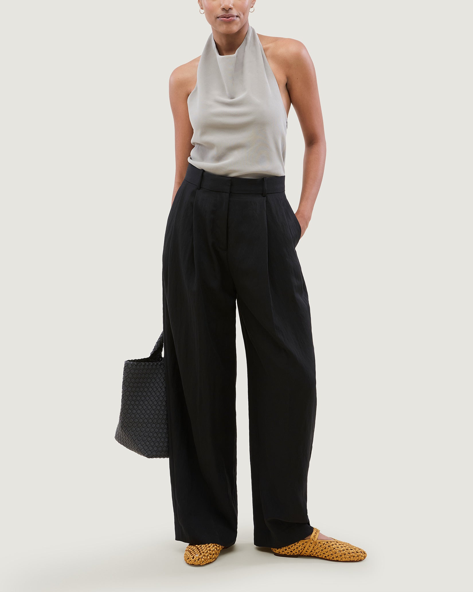 Sydney Satin Mary Jane Flats in Ore shown on model.