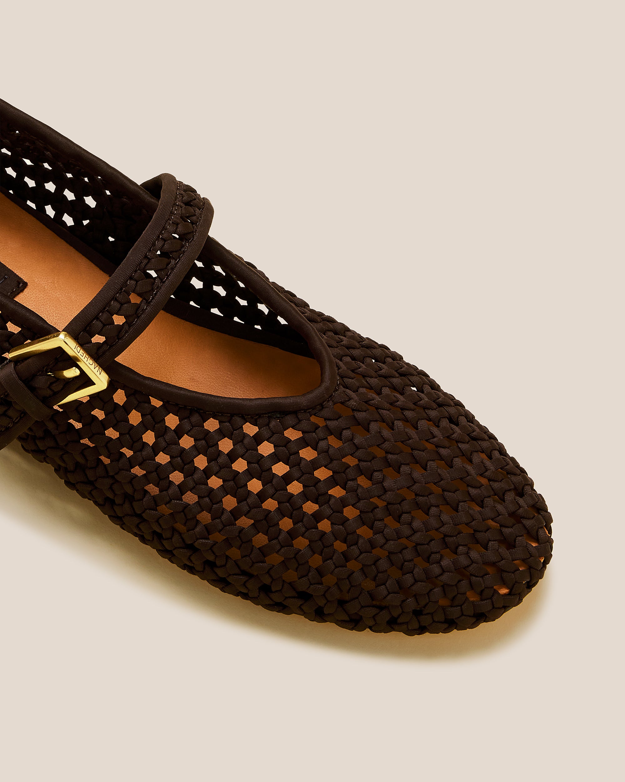 Close-up of Sydney Mary Jane Flats in Chocolate showing its closed toe and round silhouette.