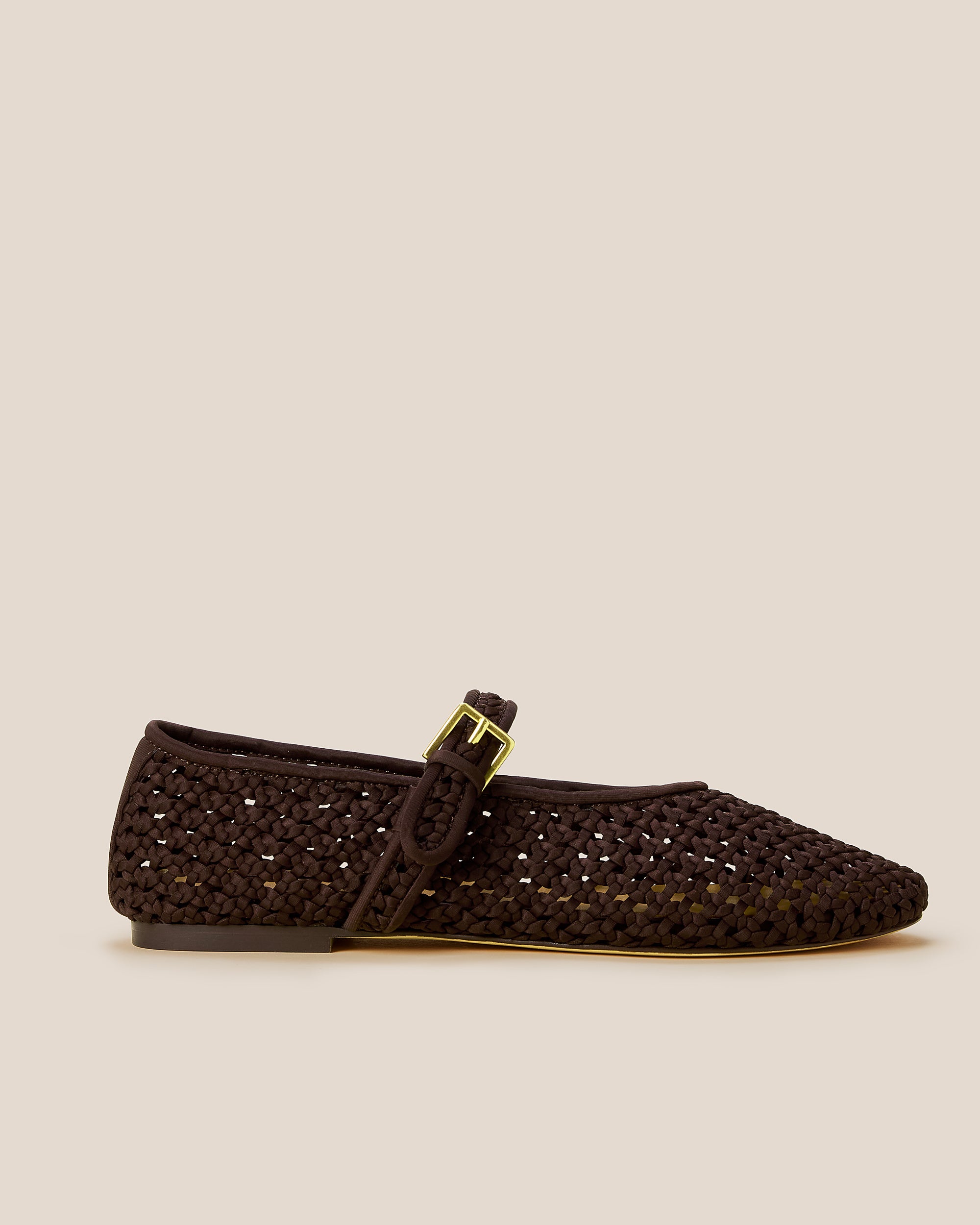 Side view of Sydney Mary Jane Flats in Chocolate, a dark chocolate brown tone, featuring a closed toe and round silhouette, featuring an adjustable strap with buckle closure.