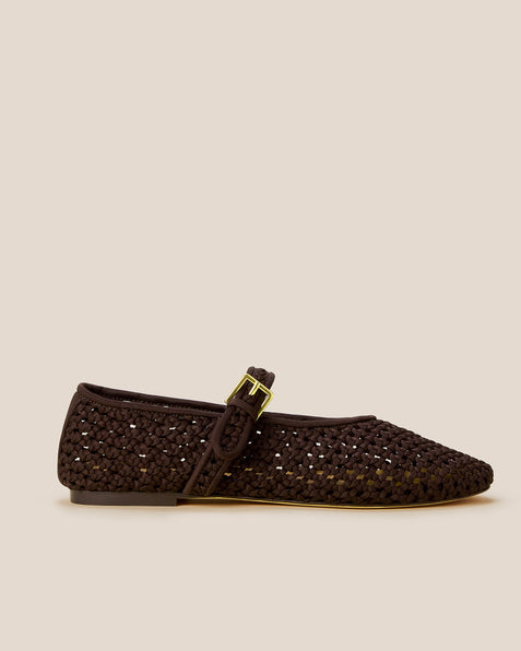 Side view of Sydney Mary Jane Flats in Chocolate, a dark chocolate brown tone, featuring a closed toe and round silhouette, featuring an adjustable strap with buckle closure.