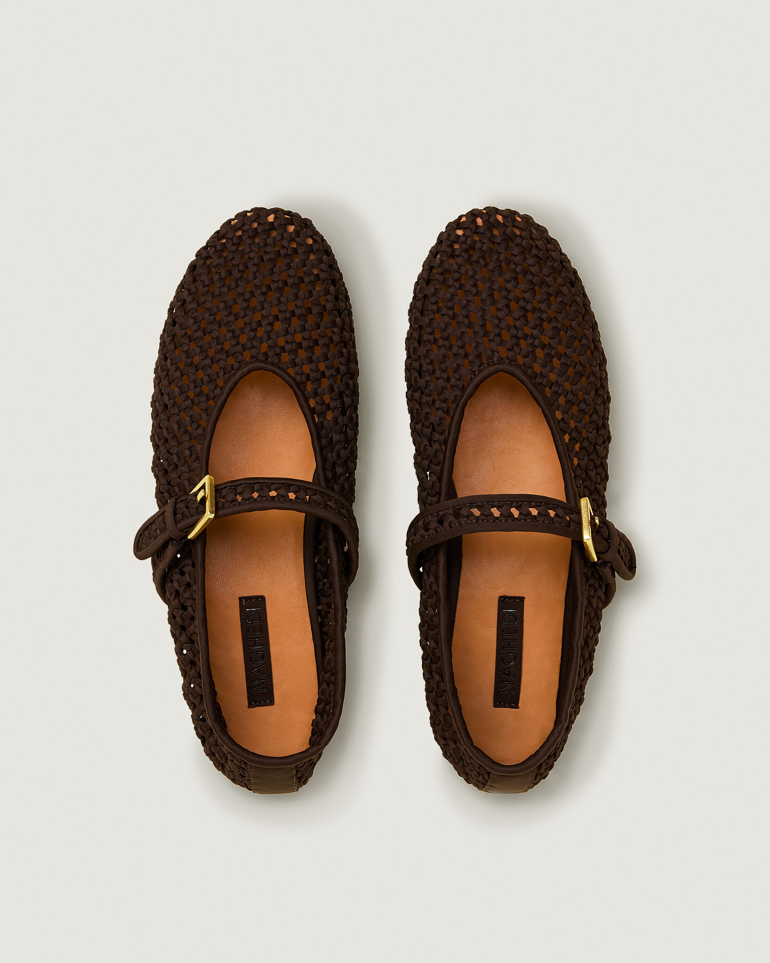 Top view of pair of The Sydney Mary Jane in Chocolate showing the natural tanned leather insole.