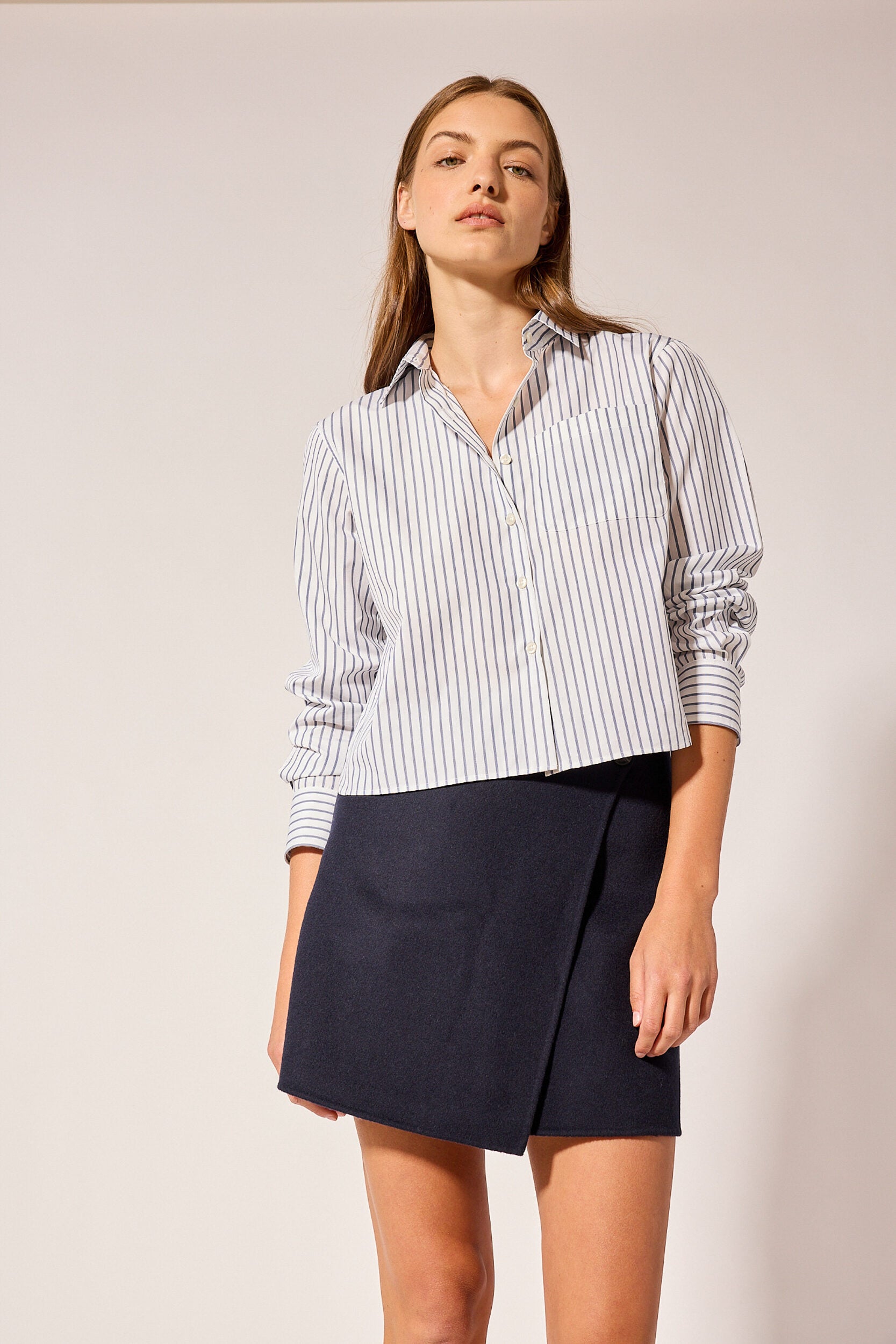 T.Line Coco Cropped Shirt in Navy Triple Stripe | On Model Full Body