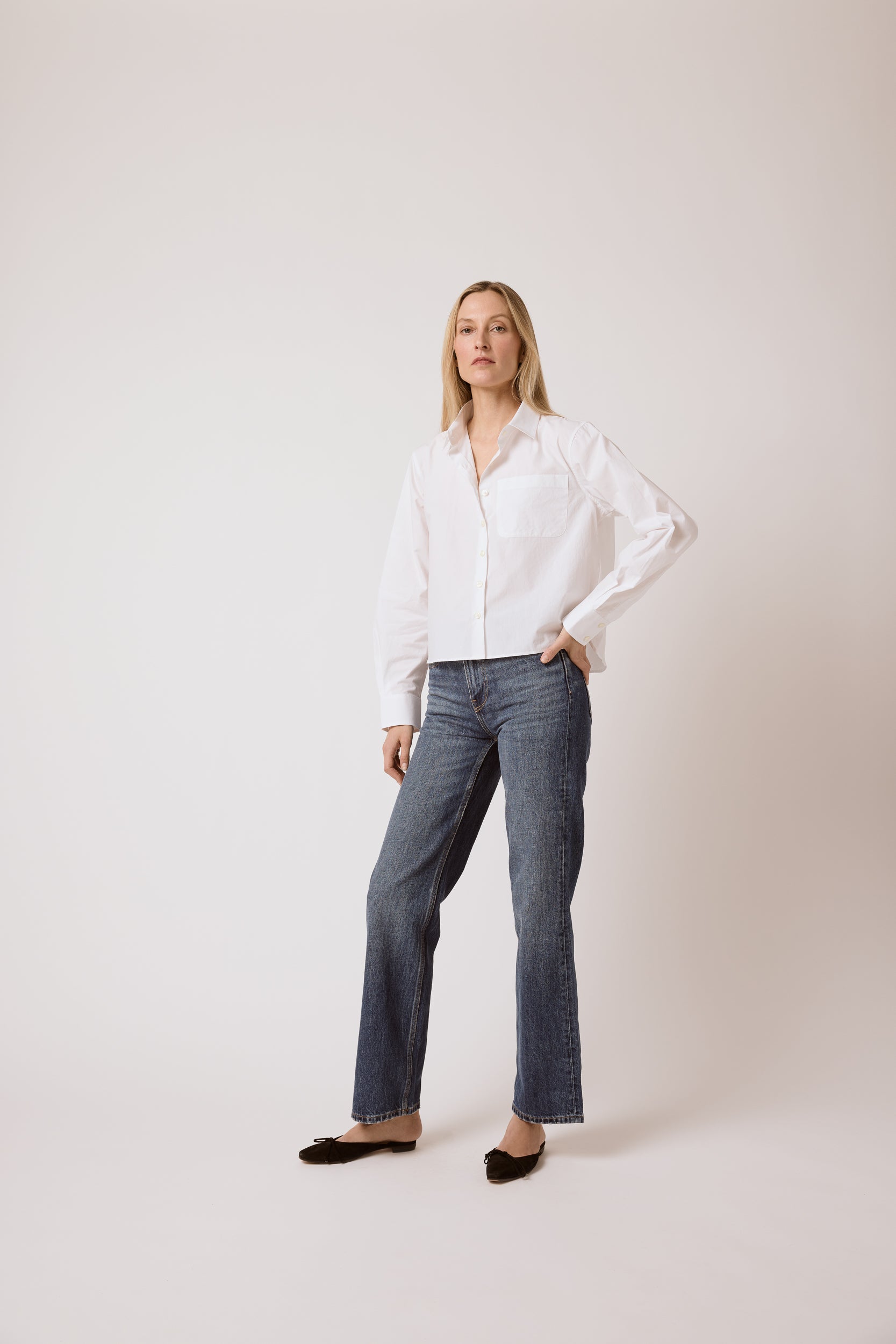 T.Line Coco Cropped Shirt in White Poplin | On Model Close Up