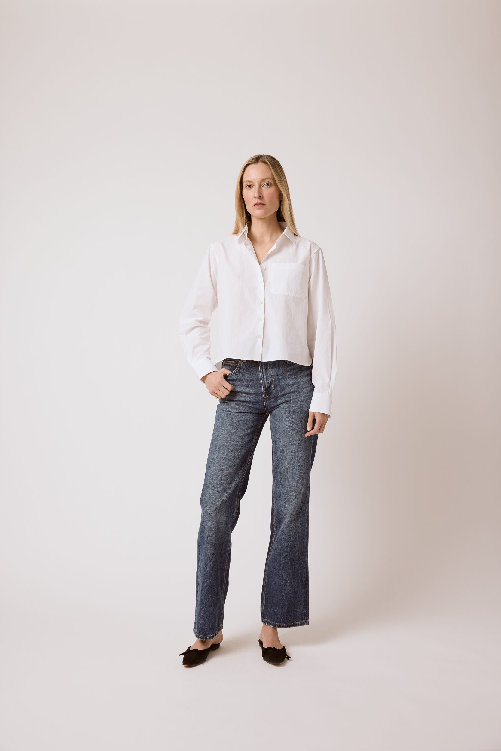 T.Line Coco Cropped Shirt in White Poplin | On Model Full Body