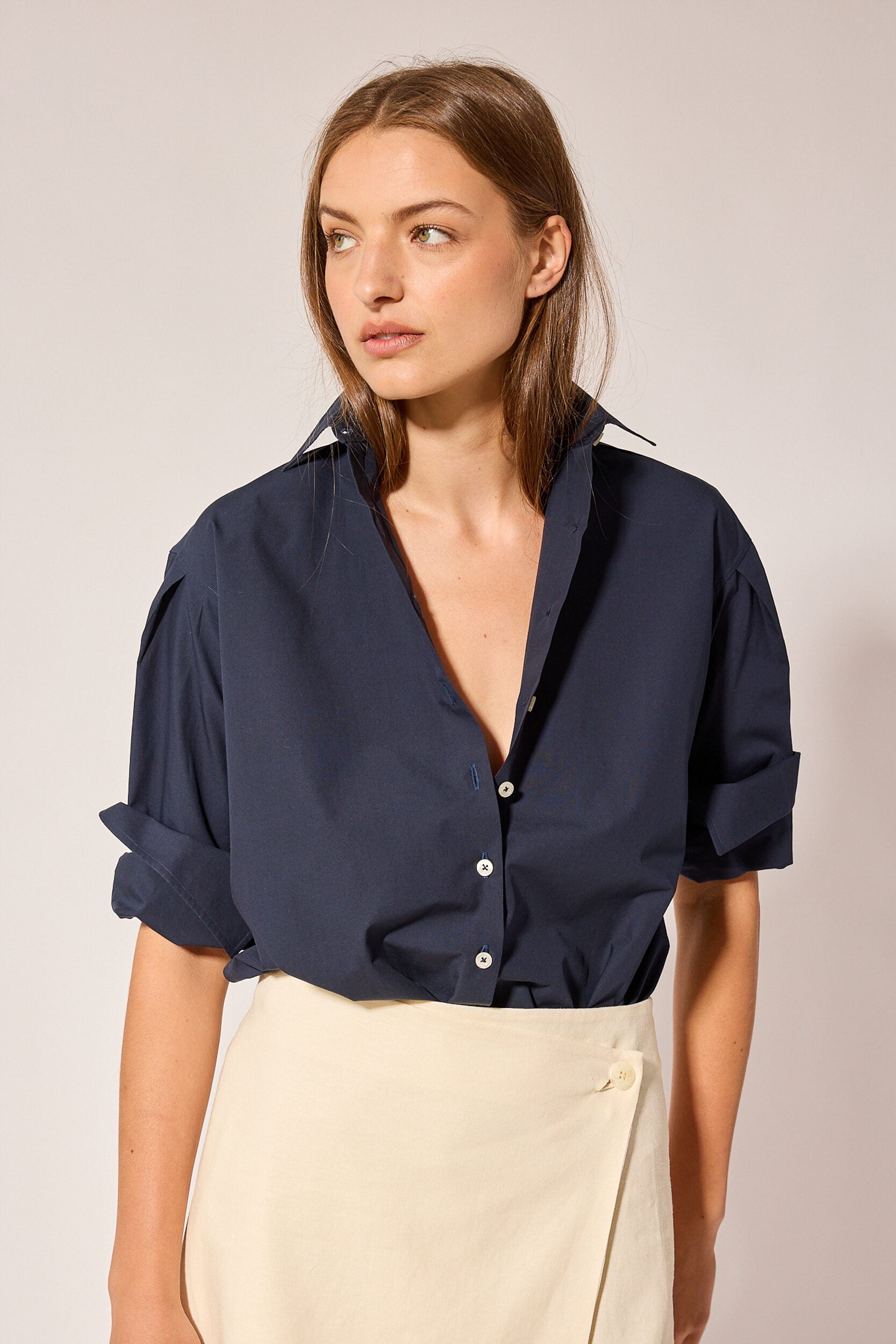 T.Line Isabel Shirt in Navy Poplin | On Model Close Up