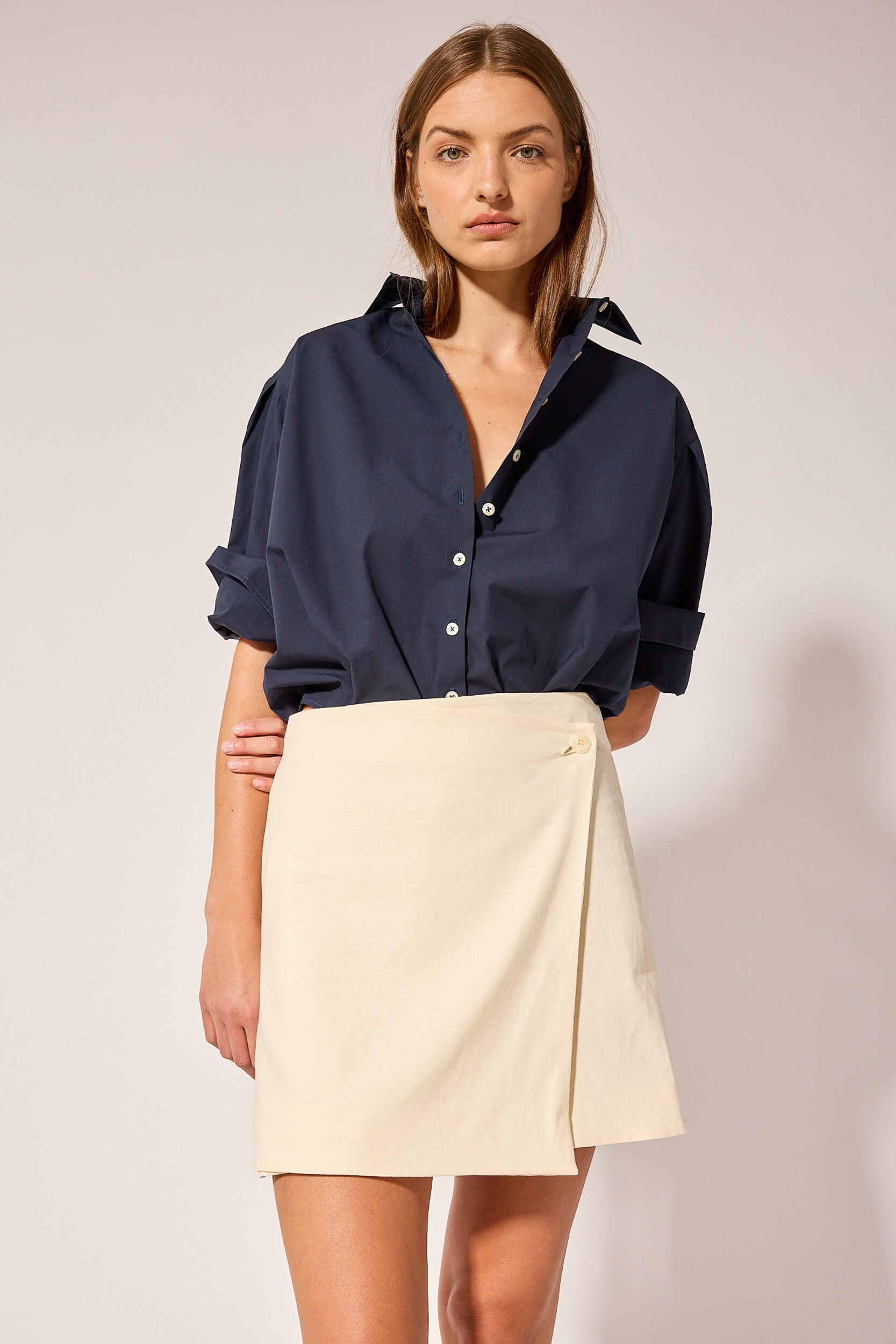 T.Line Isabel Shirt in Navy Poplin | On Model Full Body