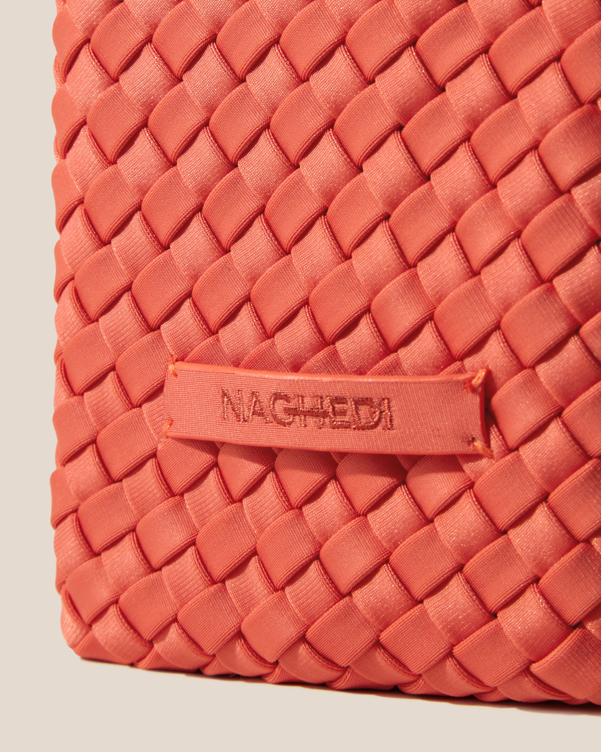 Close-up of stamped NAGHEDI logo on Tulum Tote in Bonaire.