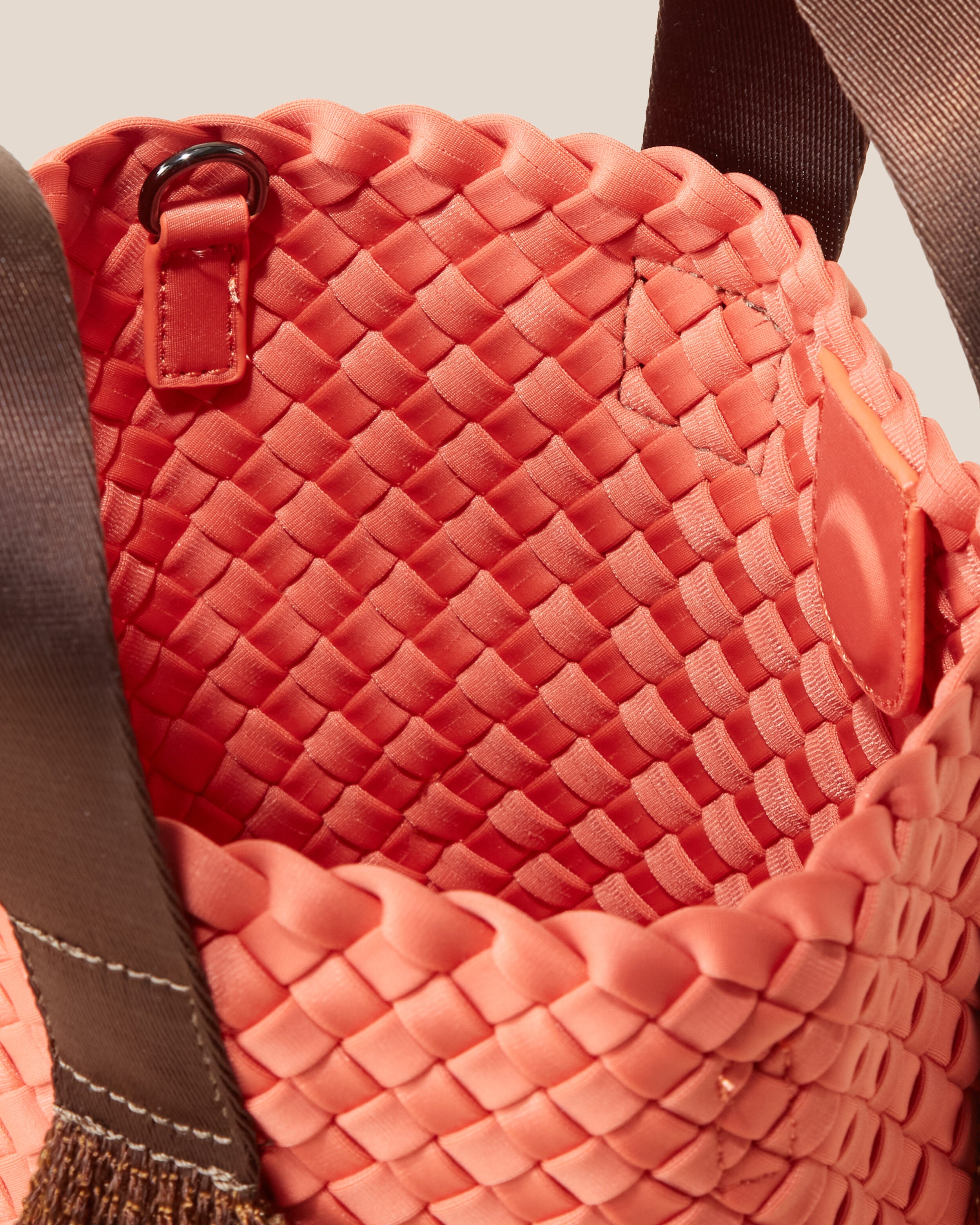 Interior close-up of Tulum Tote in Bonaire showing its open top with magnetic snap closure, and unlined interior.