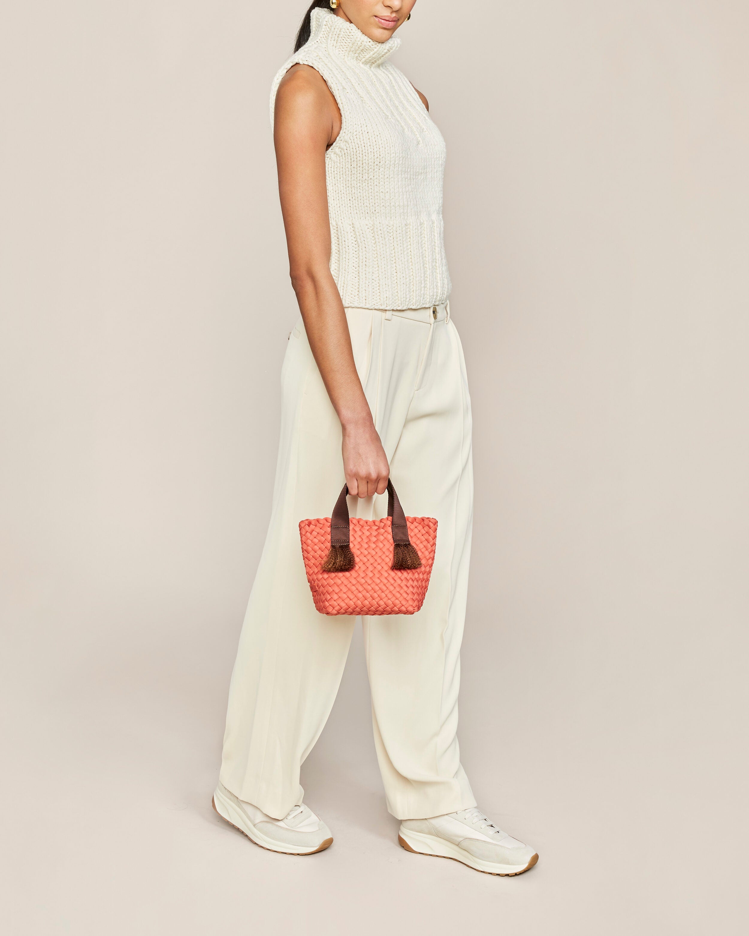 Tulum Tote in Bonaire shown on model to illustrate scale and soft silhouette.