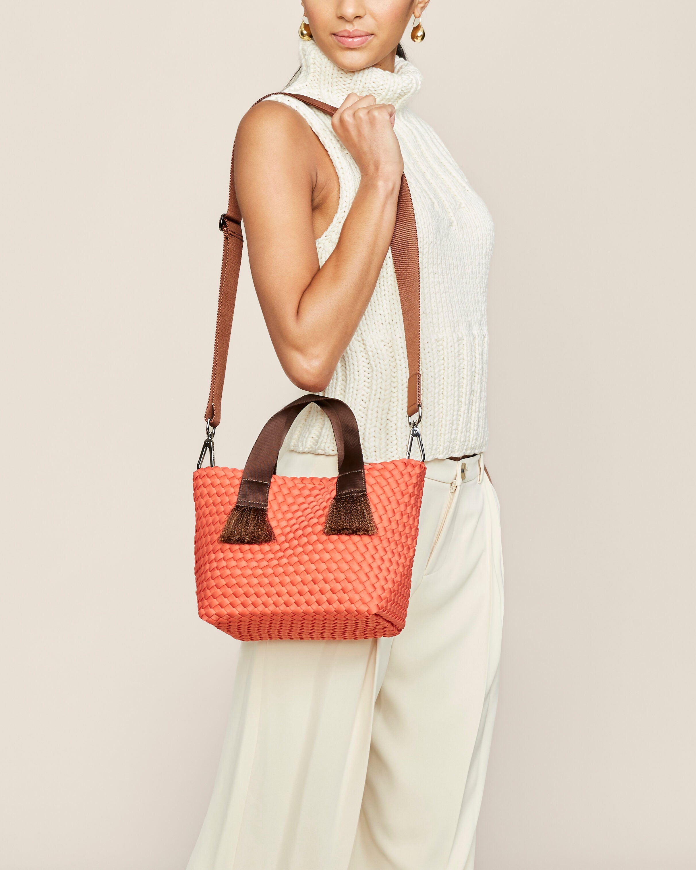 Tulum Tote in Bonaire shown on model to illustrate scale and soft silhouette.