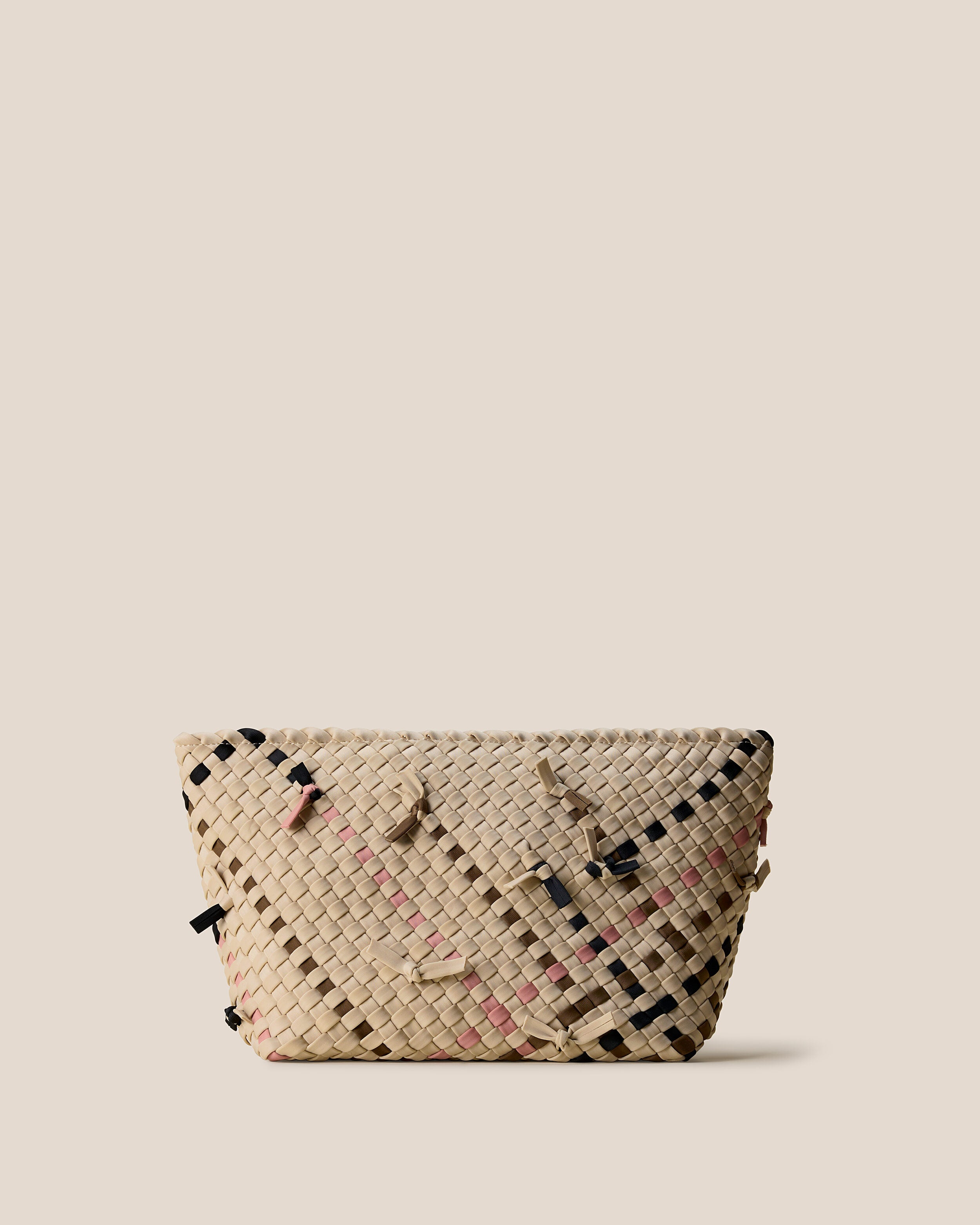 Portofino Cosmetic Pouch in Quartz, a cream tone with multicolor knot detail, in handwoven neoprene, featuring a zip closure.