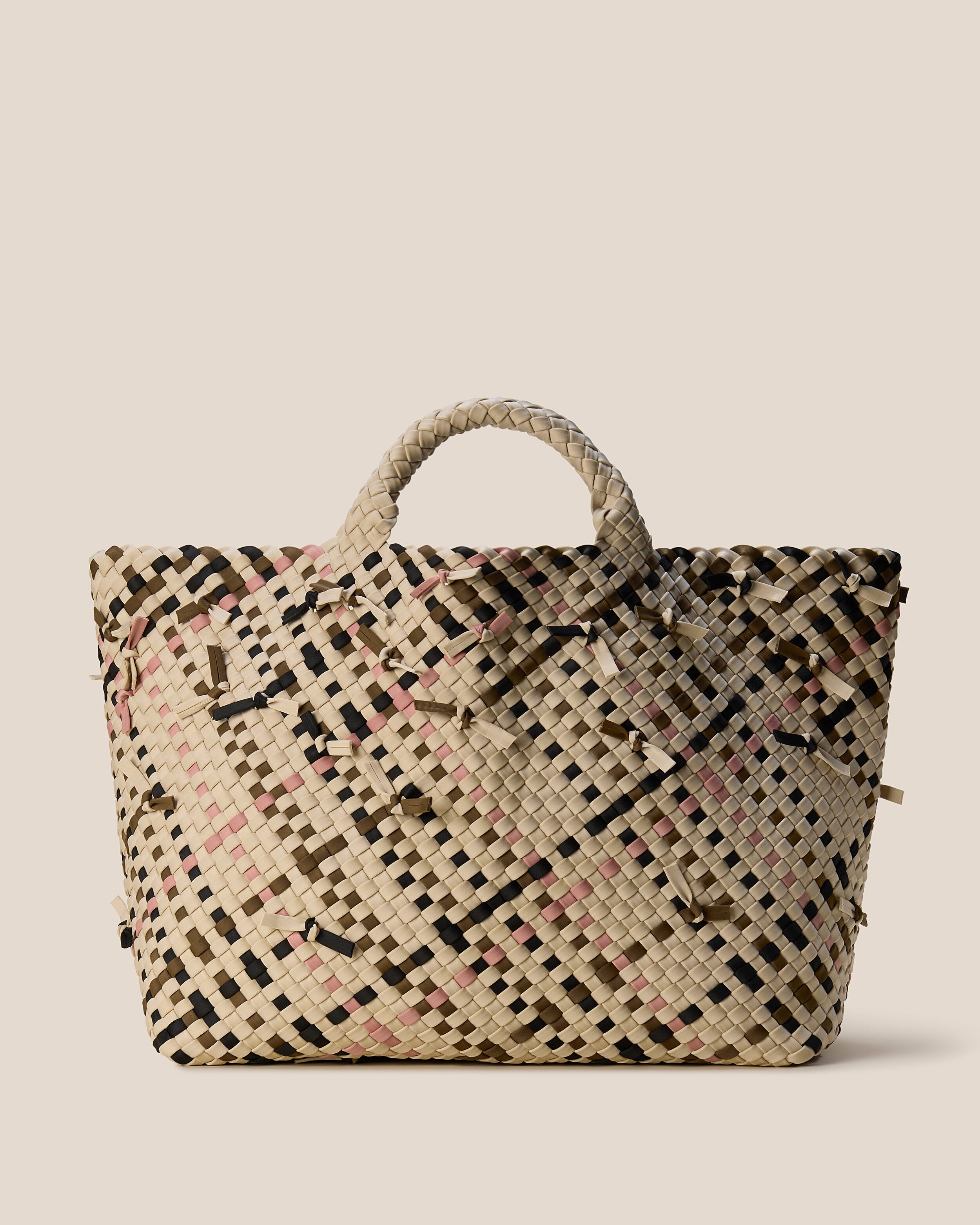 St. Barths Tote in Quartz, a cream tone with multicolor knot detail, in handwoven neoprene, featuring an open top, and woven top handles.
